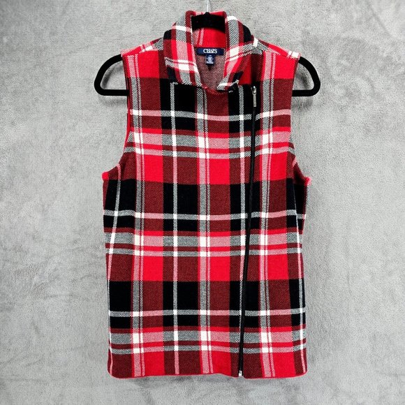 Chaps by Ralph Lauren Plaid Side Zippered Vest Red White & Black Women's Size L - Picture 1 of 12